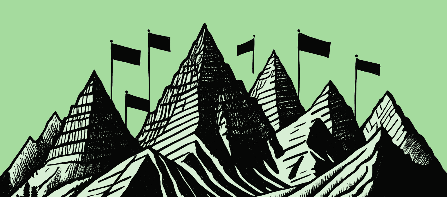 Landscape of mountains and flags represents setting business milestones.