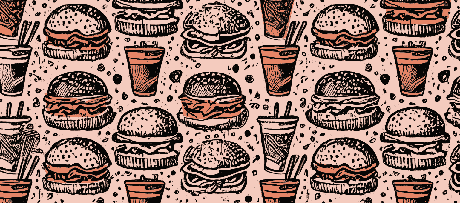 A collage of burgers, fries, soda, and coffee cups laid out in multiple rows.