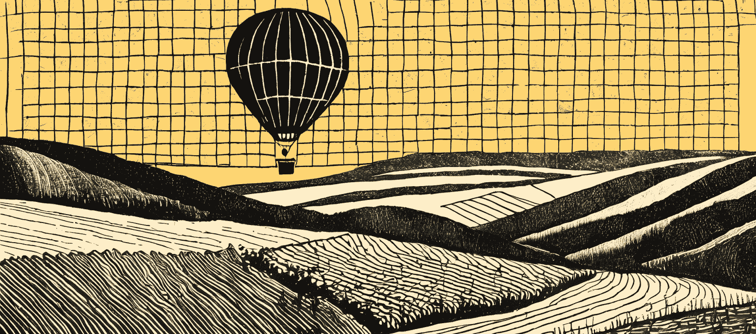 Hot air balloon sailing over a grassy plain. Represents providing a high-level overview of your company.