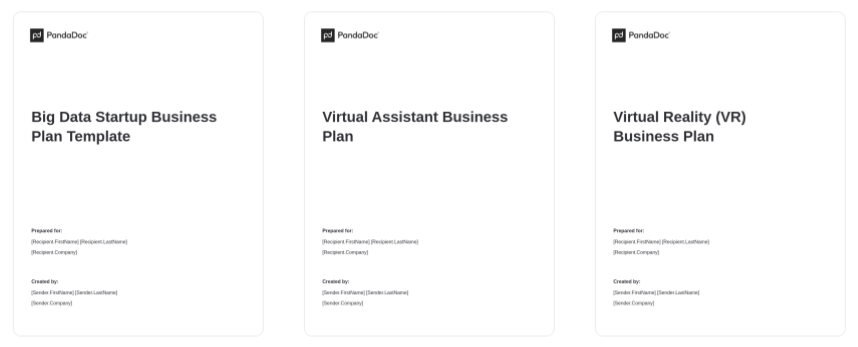 Examples of three business plans from PandaDoc's business plan template library.
The three listed here include a template for a "Big Data Startup", "Virtual Assistant", and a "Virtual Reality" business.